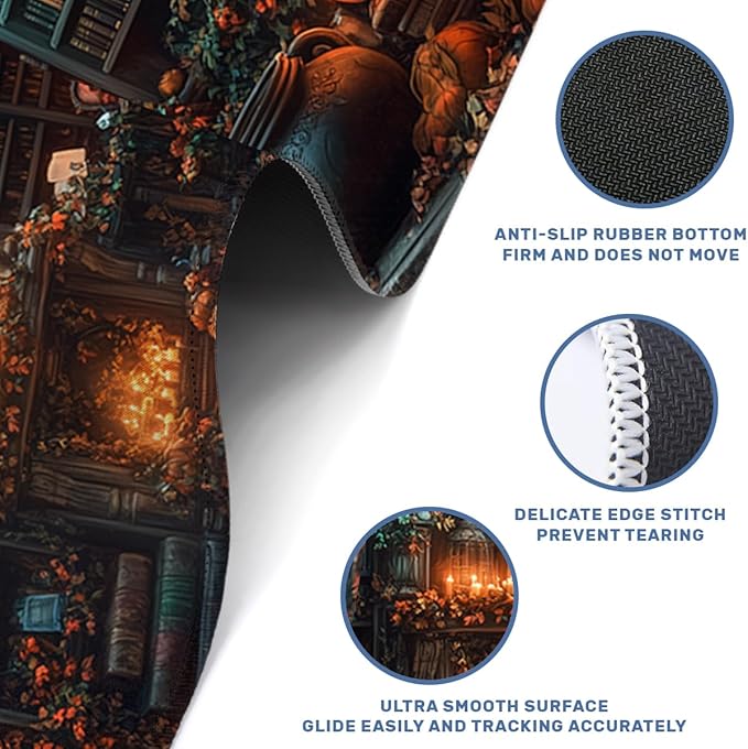 Library Desk Mat Gaming Mouse Pad Pumpkin Bookshelf Halloween Fireplace Mousepads Computer Keyboard Pad Mouse Mat Laptop Mat 31.5 x 11.8 Mouse Pads for Desk Home Office Gaming