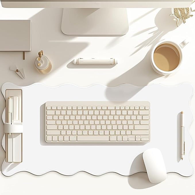 Scalloped Desk Mat Large Scalloped Piping Cute Desk Mat Aesthetic Preppy Table Pad Large Nonslip Pad with Edge Stitching Waterproof Gaming(White,31.5 x 15.75 Inches)