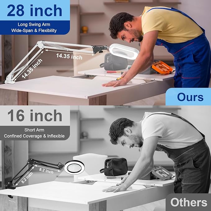 10X Large Magnifying Glass with Light and Clamp, Real Glass, 5 Color Modes, Stepless Dimmable, Lighted Magnifier with Stand Hands Free, LED Swing Arm Desk Lamp for Close Work, Craft, Reading - White