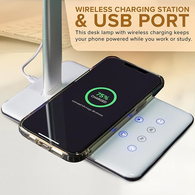 LED Desk Lamp White | Wireless Charger & USB Port | 4 Color Modes & 10 Brightness Level | Eye Caring Touch Control Lamp with Auto Timer | Foldable Adjustable Arm | Modern Light for Home Office