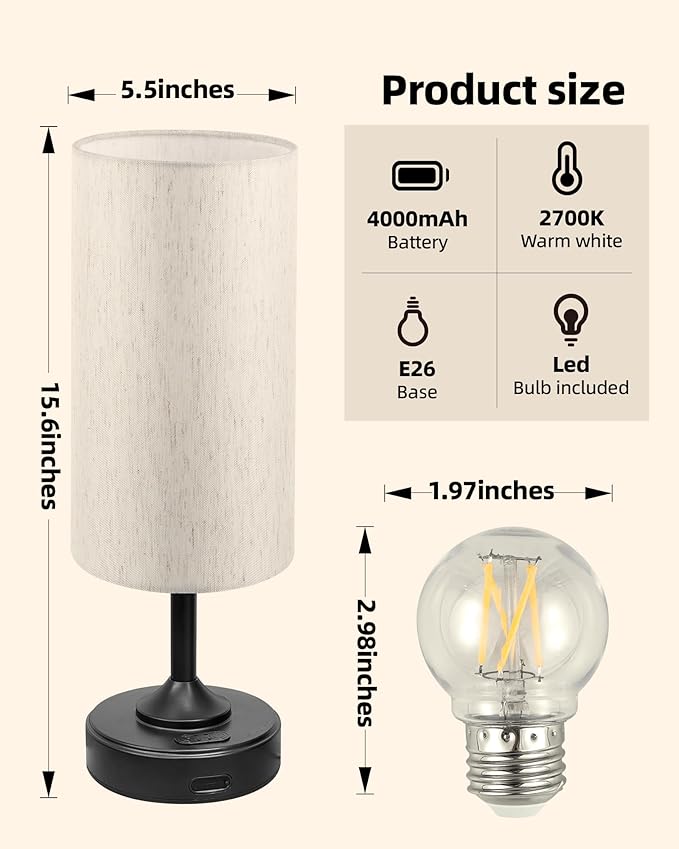 Battery Operated Lamp, Dimmable, Ambient Light, 2700K, Timer, Touch Control, Portable, LED, Wireless, Rechargeable, Cordless, Desk Lamp, Kitchen Lamp, Fabric Shade, for Bedroom, Living Room, Dorm
