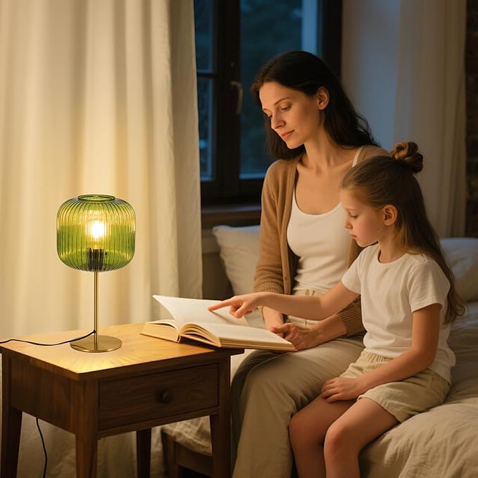 Vintage Glass Table Lamps, Small Green Bedside Table Lamp with Plug-in Style, Mid Century Modern Globe Nightstand Lamp for Bedroom, Gold Desk lamp for Bedroom Living Room Office