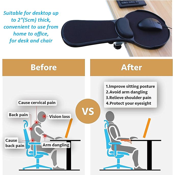 LL-COEUR Memory Foam Arm Support Wrist Rest for Table and Chair, Ergonomic Armrest Desk Extender, Multifunctional Computer Mouse Pad (Black)