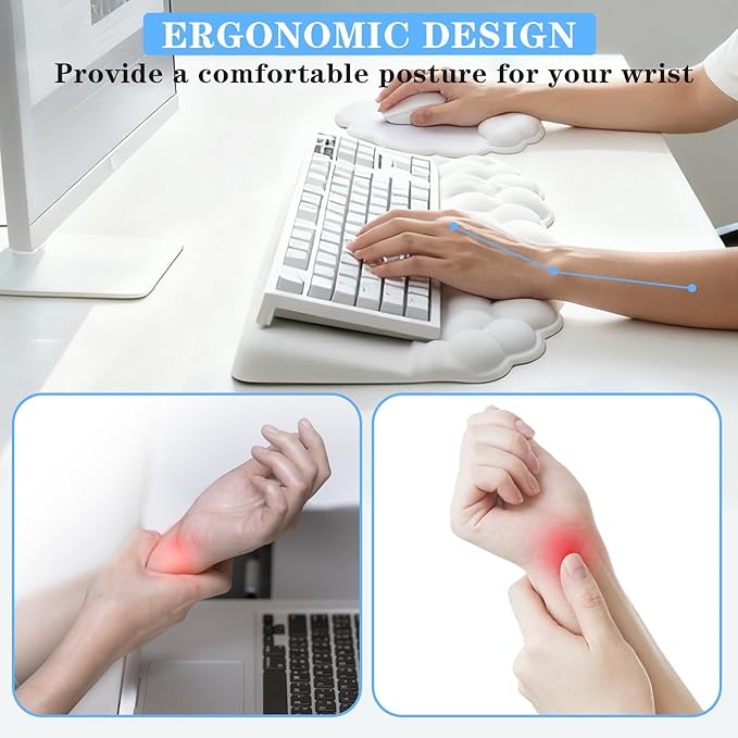 Cloud Keyboard and Mouse with Wrist Rest, Ergonomic Tilted Keyboard Stand with Soft Memory Foam Wrist Support Set, Effortless Typing, Comfortable for Office, Work, and Gaming
