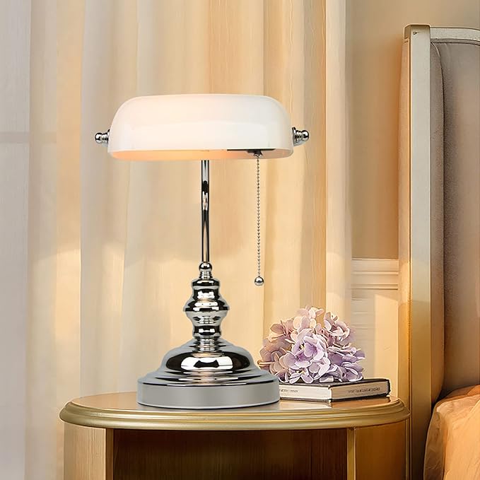 FIRVRE Bankers Lamp with White Glass Shade, Desk Lamp Library Lamp with Pull Chain, Vintage Desk Lamp for Office, Study Room