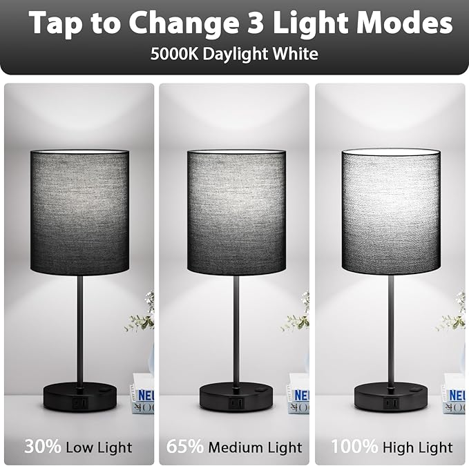 Black Touch Lamps for Nightstand Set of 2 - Bedside Table Lamp for Bedroom with Dual USB Ports & AC Outlet, 3-Way Dimmable Lamps for Living Room Boys Room, Night Light with 5000K Daylight Bulbs
