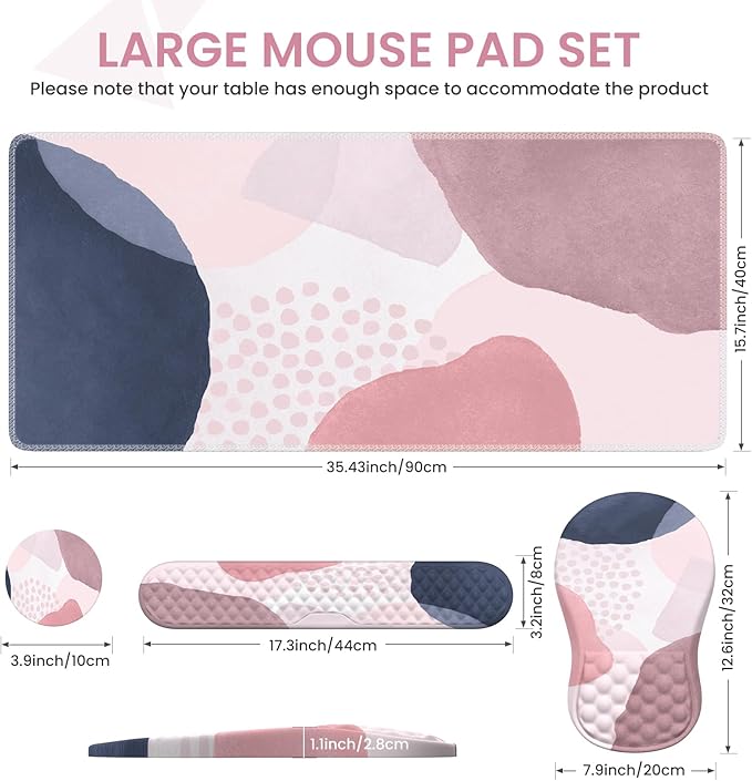 Desk Mat for Keyboard and Mouse, Ergonomic Mouse Pad Set, Pink Boho Navy