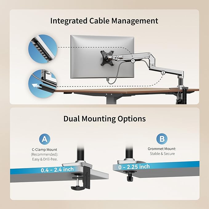 Single Monitor Arm Desk Mount, Holds Screens up to 40 Inches and 25 lbs, Fully Adjustable Vesa Monitor Mount with C-Clamp and Grommet Base, Aluminum, Silver