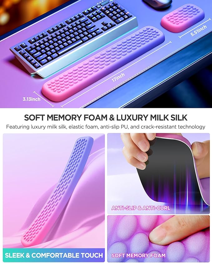 Lekvey Ergonomic Gaming Wrist Rest for Computer Keyboard & Mouse - Premium Silky Memory Foam Wrist Pad with Massage Points, Comfort Wrist Support for Typing, PC, Game (Pink/Purple)