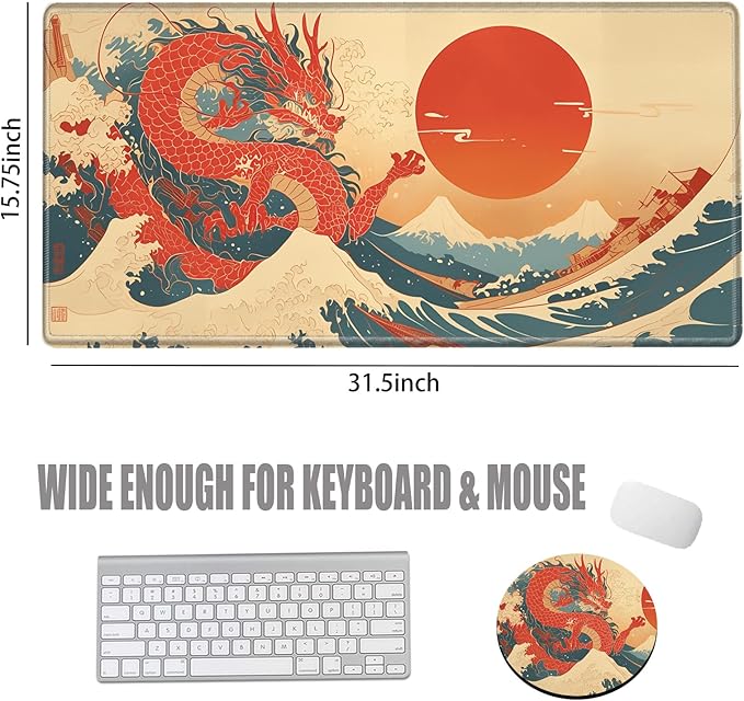 Gaming Mouse Pad Large Mousepad Dragon Desk Mat XXL Big Desk Pad Rubber Base Computer Pad with Stitched Edges Mouse Mat for Work Game Home Office