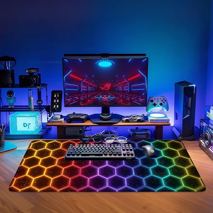 Honeycomb Extended Gaming Mouse Pad 35.4x15.7Inch Large Desk Mat Anti-Slip Rubber Base & Durable Stitched Edges for Gamers Smooth Mouse Writing Surface for Desk Office/Home