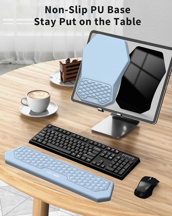 Ergonomic Mouse Pad and Keyboard Wrist Rest Support Set, Massage Design Mousepad for Carpal Tunnel, Memory Foam, Non-Slip PU Base for Computer Desk, Baby Blue