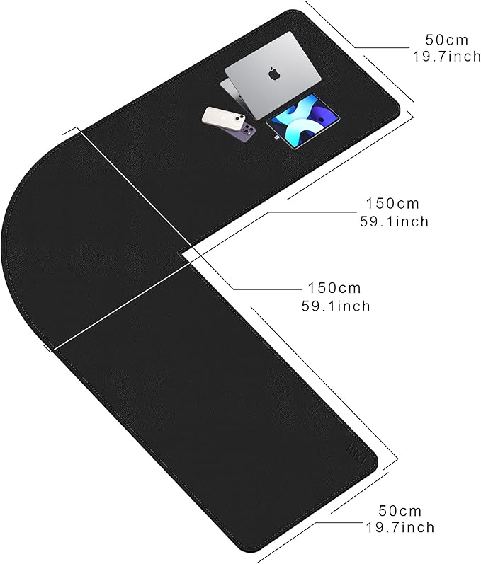 Vyaaa L Shaped Leather Desk Pad, 59" x 59" x 19.6" Large PU Leather Corner Desk Mat for Computer, Gaming, Writing, Home and Office（ Black）