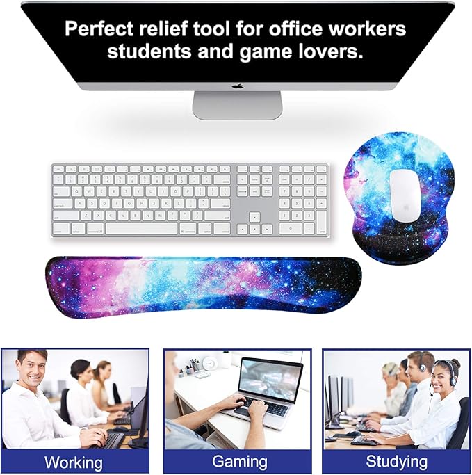 ArtSo Upgraded Wrist Rest Support for Mouse Pad & Keyboard, Ergonomic Gel Mousepad Non-Slip Rubber Base Home, Office Wrist Support & Easy Typing Cushion with Neoprene Cloth & Soft Memory Foam, Galaxy