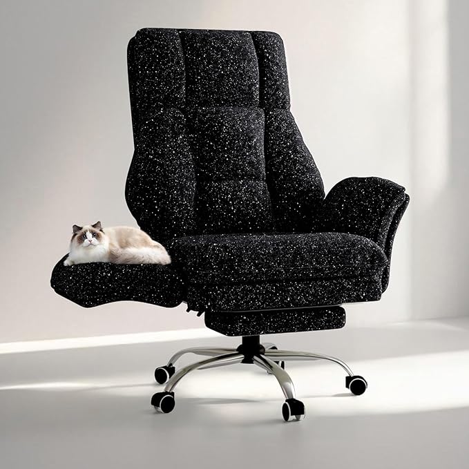 Big and Tall Office Chair, Flip Armrests for Pets & Cross Legged Sitting, Executive Ergonomic Computer Gaming Chair with Foot Rest, Gliter Fabric Wide Seat Reclining Desk Chair
