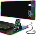 Mouse Pad with Foldable Phone Holder & Wireless Charger, XXL RGB Gaming Mousepad 31.5"x15.8" Large Desk Mat for Keyboard, Black Desk Pad with Dual Qi Charging Station | 11 Colors 5 Modes | Waterproof