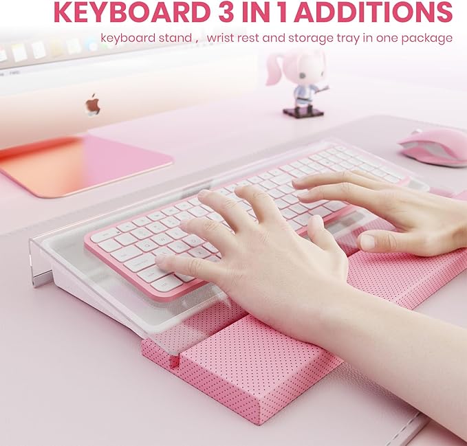 3 in 1 Keyboard Stand w/Wrist Rest and Storage Tray - Klearlook [Ultra Comfortable] PU Leather Wrist Pad & Acrylic Keyboard Riser, 16.9x7.3 inch Tilt Adjustable Computer Keyboard Stand Holder-Pink