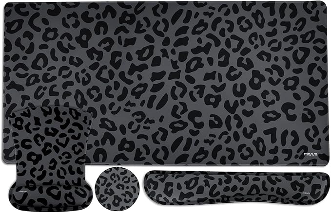 MOSISO Wrist Rest Support for Mouse Pad&Keyboard Set, Ergonomic Large Leopard Grain Desk Mat&Coaster Set, Non-Slip Mousepad&Easy Typing Cushion with Memory Foam for Home Office, Black