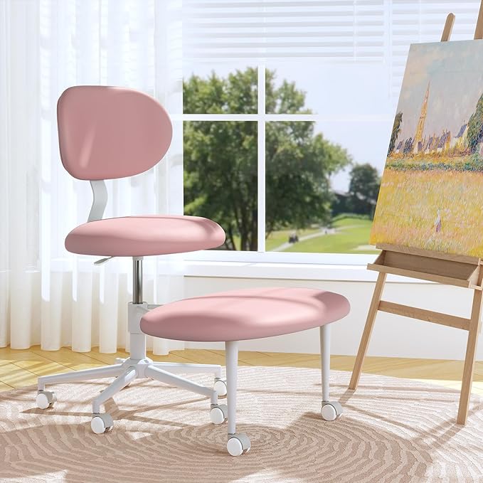 Ergonomic Cross Legged Office Chair with Wheels, ADHD Chair for Adults, Meditation Chair, Yoga Office Chair, Comfortable Back Support, Height Adjustable,Small Spaces, PU Leather, Pink