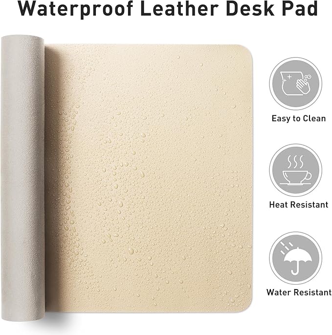 Aothia Faux Leather Desk Mat - Non-Slip PU Leather Desk Blotter, Waterproof Writing Surface, Large Desk Pad for Office & Home (Beige, 55" x 17")
