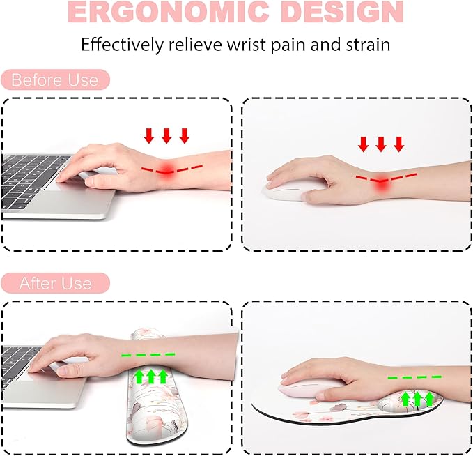 Ergonomic Mouse Pad with Wrist Rest and Keyboard Wrist Rest, Mousepad and Wrist Rest for Computer Keyboard, Non-Slip Rubber Base, Mouse Pad Wrist Support for Gaming, Office, Pink Watercolor Flower