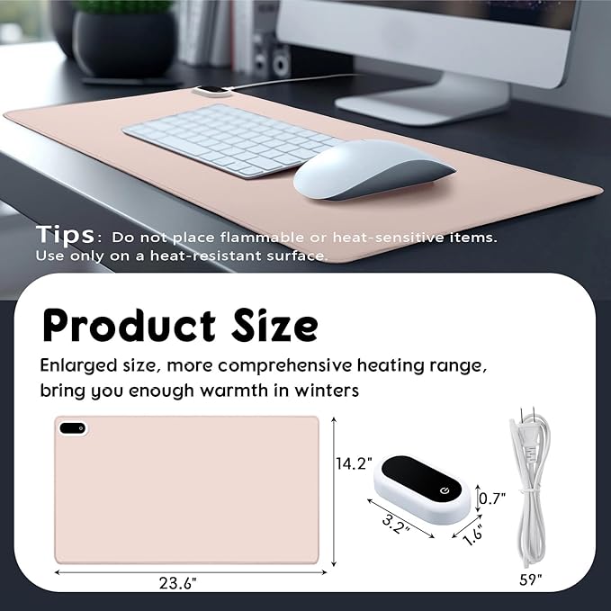 Konohan Heated Desk Pad Warm Mouse Pad, 5 Heating Level & 4 Hour Auto Shut-Off, PU Leather Warm Mouse Mat Heating Keyboard Gaming Mice Warmer Mat Only Supports 110v(Khaki Color,23.6"x 14.2")