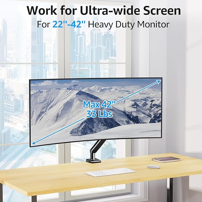 MOUNTUP Ultrawide Monitor Arm for Max 42 Inch Screen, Heavy Duty Monitor Desk Mount Support 4.4-33lbs, Computer Monitors Stand for Desk, VESA Mount with Clamp & Grommet Base