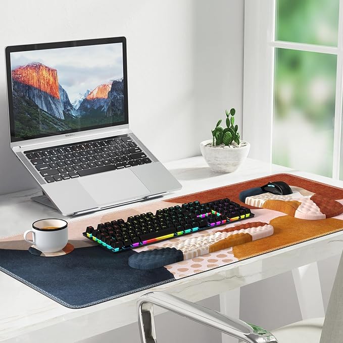 Large Desk Matt for Desktop, Boho Desk Mat Set, Carpal Tunnel Keyboard and Mouse Pad, Desk Mat for Keyboard and Mouse, XL Computer Mouse Pad for Desktop Laptop, Color Block Orange