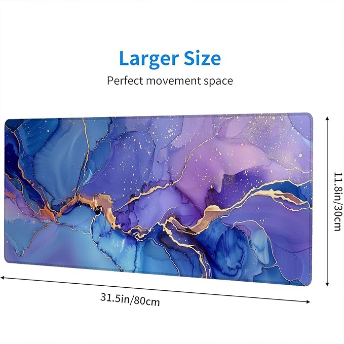 Purple Marble Gaming Mouse Pad Blue Gold Marbling Mousepad XL Large Gaming Mouse Pad Laptop Keyboard Mat Desk Pad 31.5"x11.8" Office Home Decor for Women Girl