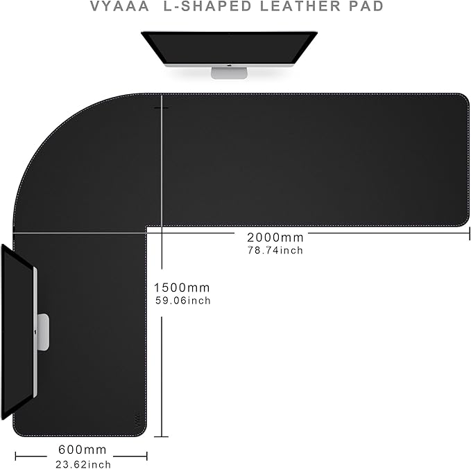 Vyaaa (59"+78.7") x 23.6" L Shaped Leather Desk Pad (Black), Dual-Sided Reversible PU Leather Desk Mat, Extra Large Mouse Pad, Compatible with L Shape Computer Desk for Home or Office
