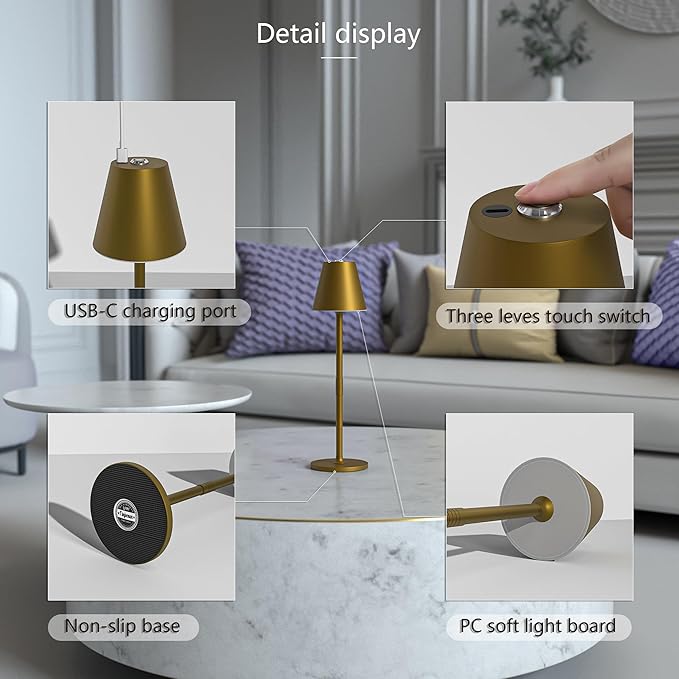 2-Pack Cordless Table Lamps - 5000mAh Rechargeable Battery Operated Desk Lamp, 3-Level Dimmable LED Night Light for Bedroom, Dining, Restaurant - Metal Design (Bronze 2PACK)