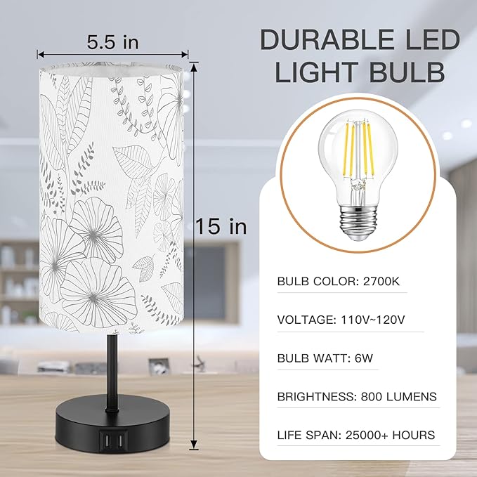 Touch Control Bedside Lamp with 2 USB Ports, 3-Way Dimmable Table lamp for Bedroom, Nightstand Lamp with Round Flower Fabric Shade for Living Room Home Office (E26 LED Bulb Included)