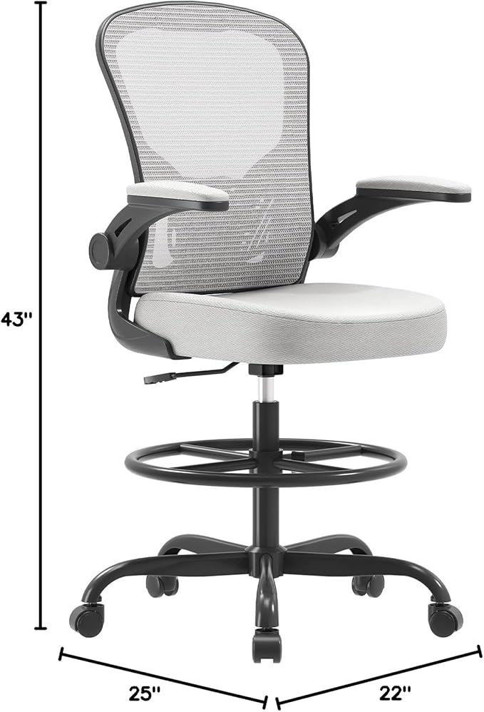 Ergonomic Drafting Chair, Tall Office Chair with Flip-up Armrests, Breathable Mesh High Desk Chair with Lumbar Support Adjustable Footrest Ring for Standing Desk Gray