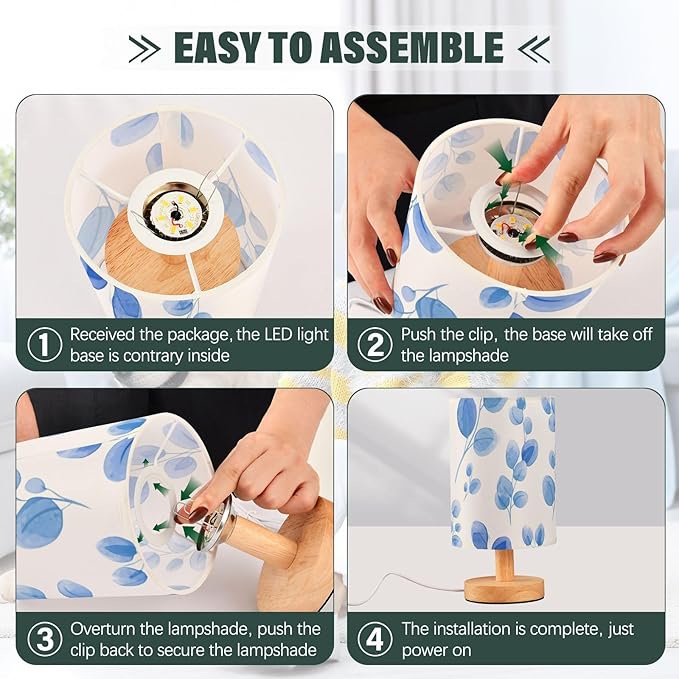 Blue Floral LED Table Lamp, Bedside Lamp with Linen Lampshade, Flicker-Free Eye Care USB Plug in Nightstand Lamp, for Bedroom and Office