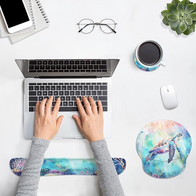Britimes Sea Turtle Coral Reef Sea World Ergonomic Mouse Pad Set with Wrist Rest Non-Slip Rubber Base Wrist Cushion Support and Coasters Mousepad with Wrist Support for Computer Keyboard and Desk