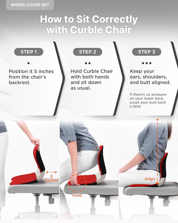 curble Wider(Standard Wide) Cover Set – Lower Back Support Chair with Detachable Cover, Lumbar Support Posture Corrector, Back Pain Relief (Set Red)