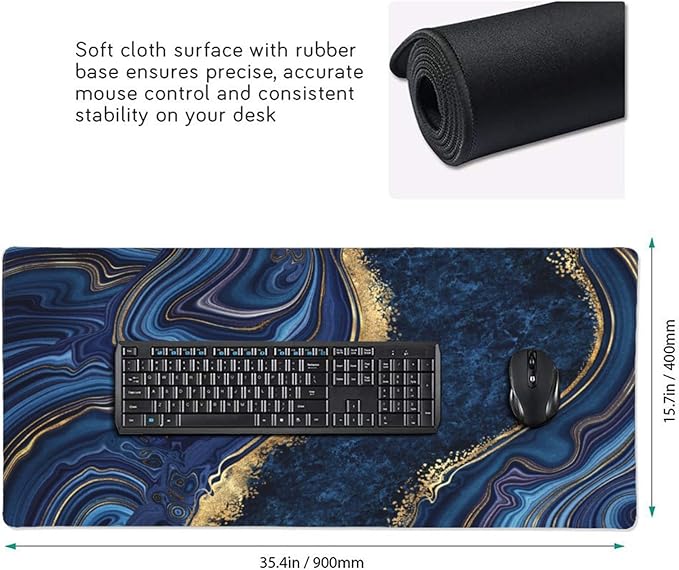 Gaming Mouse Pad,Large Mouse Pads for Desk,Non-Slip Rubber Base Extended Mousepad,XXL Keyboard Mouse Mat,Computer Keyboard Desk Pad with Stitched Edges,35.4x15.8inch,Blue Golden Marble