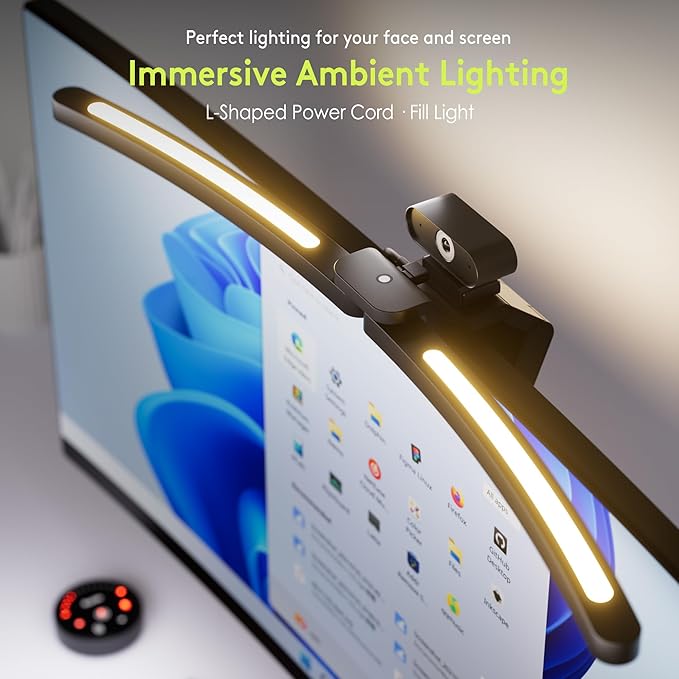 Quntis 1000R Curved Monitor Light Bar, Dual Adjustable Led Desk Lamp with Remote - Independently Rotate 2 LED Arc-Shaped Light Bars Specially Designed for Curved and 34'' Large Screen