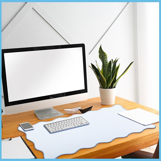 Scalloped Desk Mat Large Scalloped Piping Cute Desk Mat Aesthetic Preppy Table Pad Large Nonslip Pad with Edge Stitching Waterproof Gaming(Blue,31.5 x 15.75 Inches)