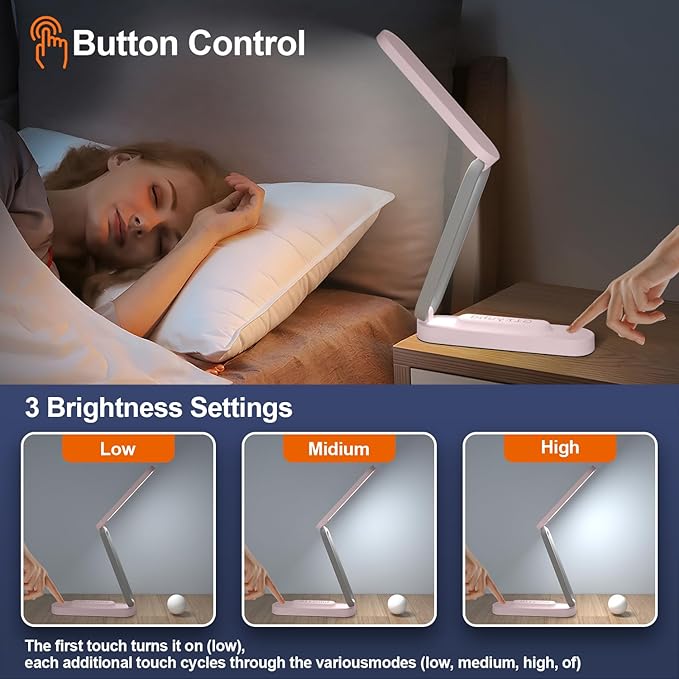 LED Desk Lamp for Office Home & Battery Operated Lamp Rechargeable Lamp Foldable & Portable Light, LED Desk Light Strip, 3 Brightness Dimmable Small Desk Lamp Wireless Reading Lamp