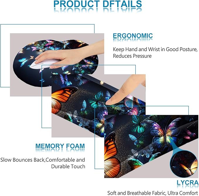 ARTSO Ergonomic Mouse Pad with Wrist Rest, Comfortable Keyboard Wrist Rest, Memory Foam Mousepad for Computer Keyboard, Mouse Pad Set for Easy Typing & Comfort, Night Butterfly