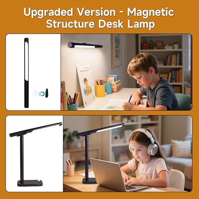 2 In 1 Led Desk Lamp - Outdoor Magnetic Desk Lamps for Home Office Study Bedroom , Black Desk Lamps with Phone Holder & USB Charging Port, 3500-6500K Touch Control Dimming & 5 Brightness Levels
