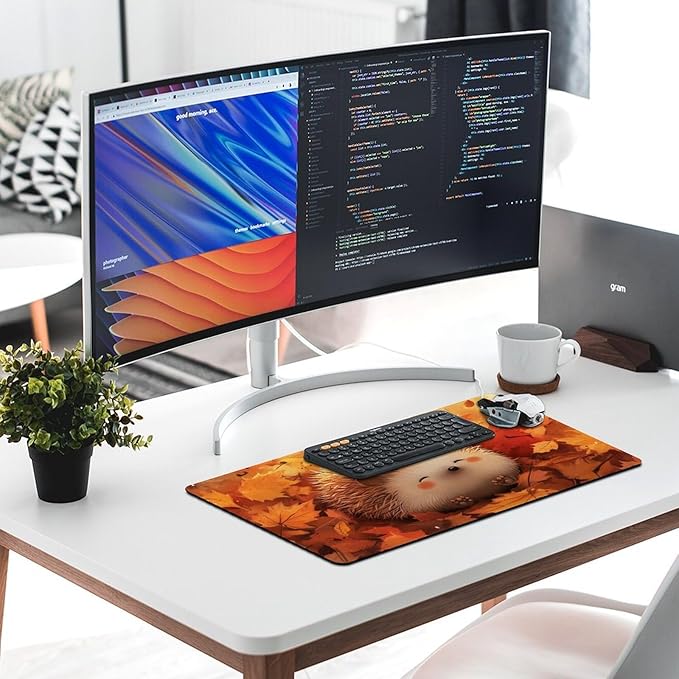 Large Ergonomic Gaming Mouse Pad Cozy Hedgehog in Autumn Leaves - Cute Forest Animal Theme with Non-Slip Base Water-Resistant Surface and Stitched Edges 40X75cm