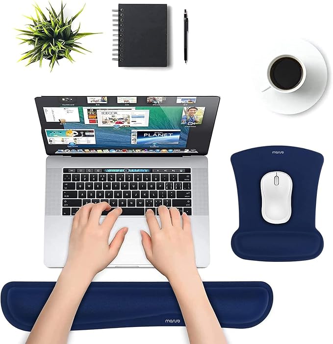 MOSISO Wrist Rest Support for Mouse Pad & Keyboard Set, Ergonomic Mousepad Non-Slip Base Home/Office Easy Typing Cushion with Neoprene Cloth & Raised Memory Foam, Navy Blue