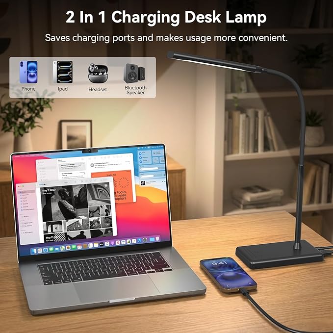 LED Desk Lamp Touch Control Desk Lamp with USB Charging Port 5 Color Modes 6 Brightness Levels Dimmable Eye-Caring Office Lamp with Memory Function 1h Timer Adjustable Neck Table Lamp