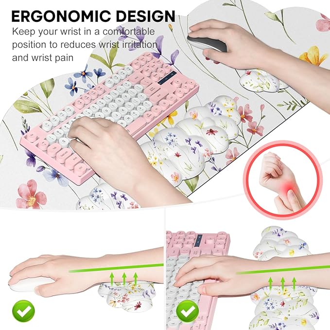JIKIOU Large Cloud Mouse Pad Waterproof with Cloud Keyboard Wrist Pad and Cloud Mouse Wrist Pad Set, Ergonomic Computer Desk Wrist Support Mousepad for Keyboard and Mouse 35.4x15.7in White Flowers
