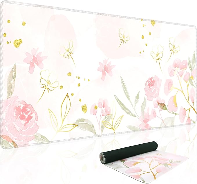 Baziabbo Pink Floral Desk Mat,XXL Extended Large Mouse Pad,Gaming Mousepad with Stitched Edge,Non-Slip Rubber Base Keyboard Desk Pad for Home Office Study Game