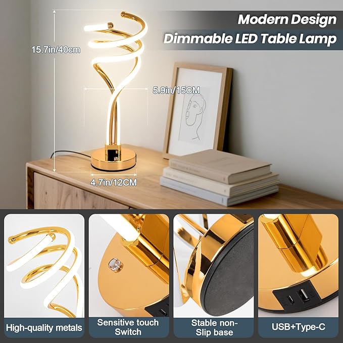 ElDISUNY Modern LED Table Lamp, 3 Color Temperatures,Touch Control CurveDimmable Bedside Table Lamps with USB Ports, Touch Control LED NightstandLamp, Desk Lamp for Living Room, Bedroom (Gold)