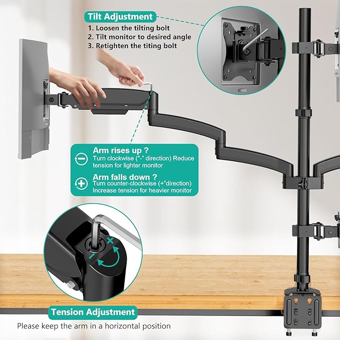 WALI Quad Monitor Mount for 13-27 inch Screens, Extra Tall 4 Monitors Desk Mount, up to 19.8lbs, 32.2 inch Height Max, Fully Adjustable Gas Spring 4 Monitor Arms, VESA 75/100mm (GSDM004S), Black