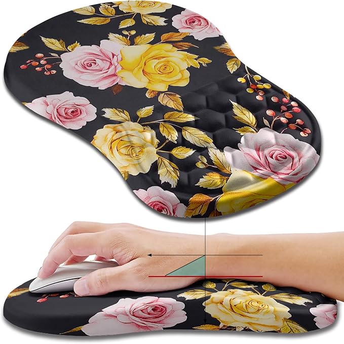 Hokafenle Ergonomic Mouse Pad Wrist Support, Wrist Rest Mousepad for Carpal Tunnel with Integrated Memory Foam Slope Massage Bulge (11.8x7.9 inch,Golden Powder Flower)
